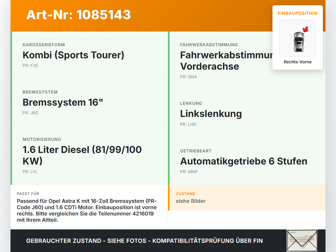 Opel Astra K B16 15-19 CDTi 1,6 100KW Achsschenkel Radnabe Rechts Vorne Opel Astra K B16 15-19 31.05.2016 13580304... Vorschau 3