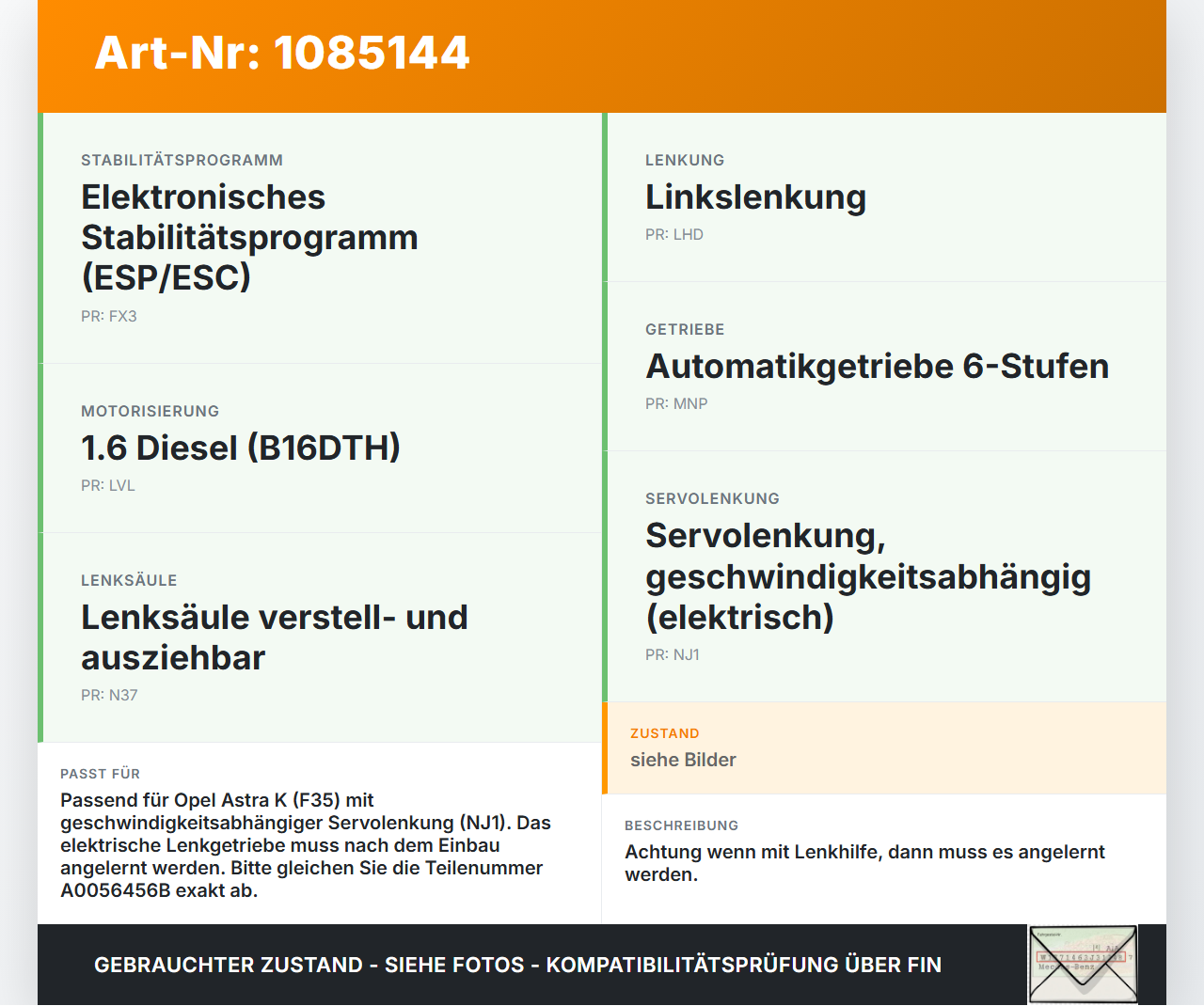 Opel Astra K B16 15-19 Lenkgetriebe Servolenkung Opel Astra K B16 15-19 31.05.2016 41519132B A0056456B gebraucht Vorschau 3