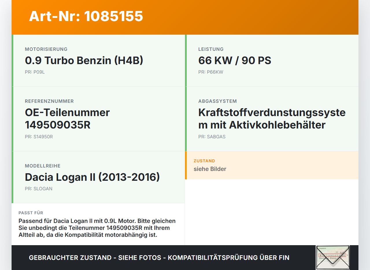 Dacia Logan 13-16 0,9 66KW Aktivkohlebehälter Aktivkohle Dacia Logan 13-16 04.02.2014 149509035R gebraucht Vorschau 3