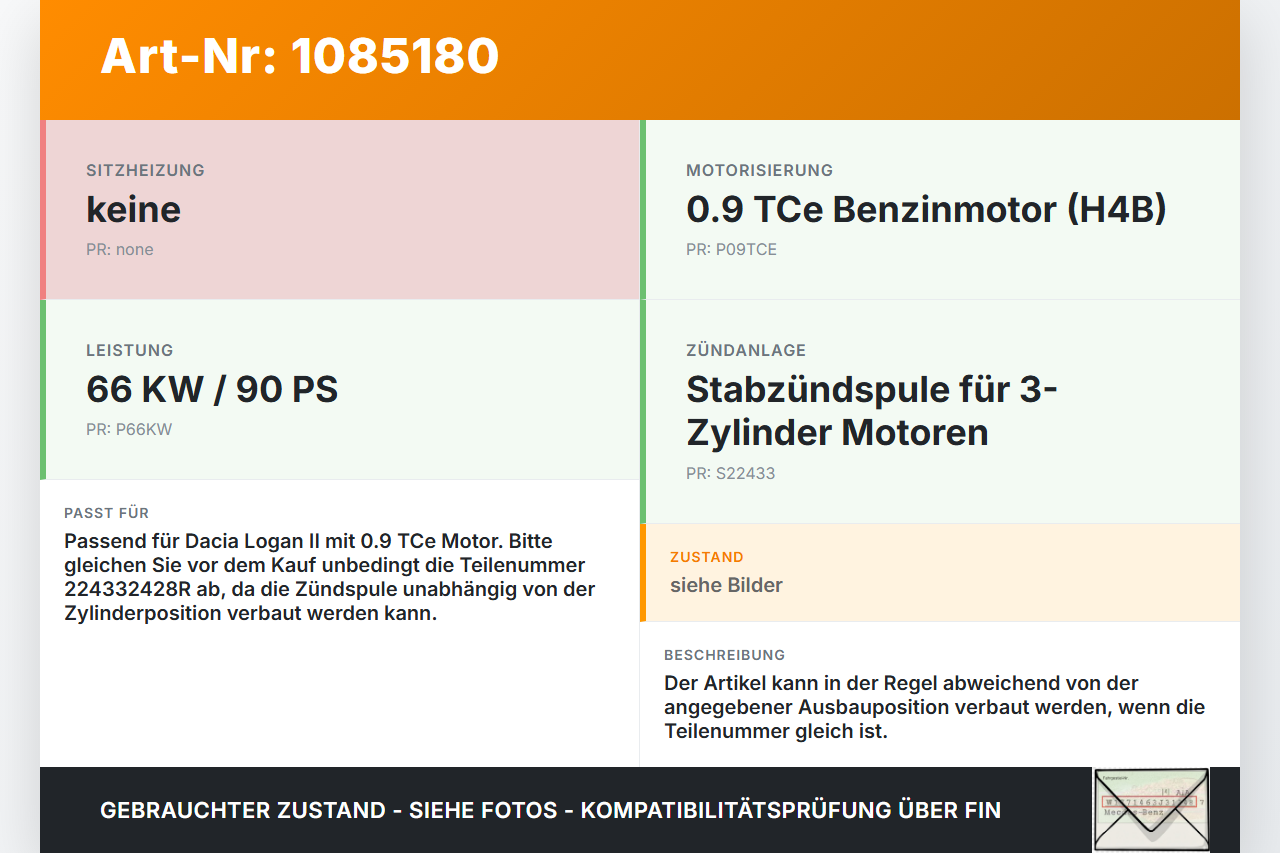 Dacia Logan 13-16 0,9 66KW Zündspule Zyl.2 Dacia Logan 13-16 04.02.2014 224332428R gebraucht Vorschau 3