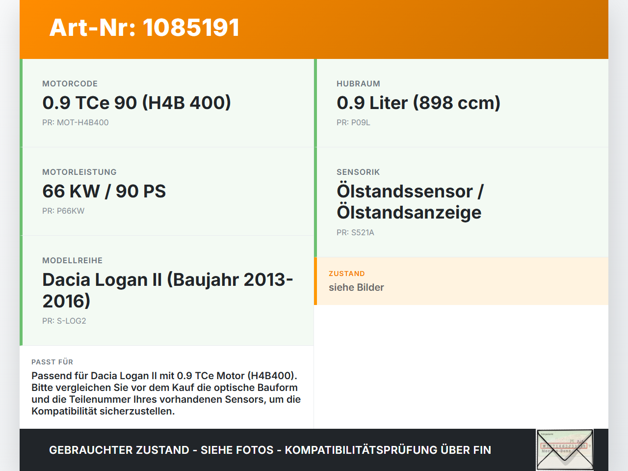 Dacia Logan 13-16 0,9 66KW H4B400 Ölstandssensor Sensor für Öl Ölsensor Dacia Logan 13-16 04.02.2014 gebraucht Vorschau 3