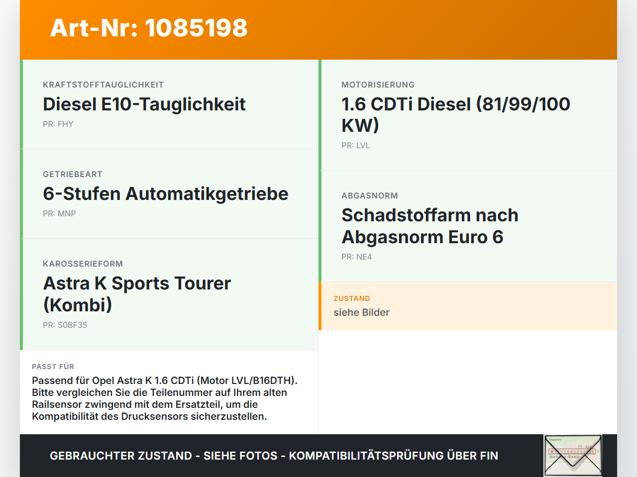 Opel Astra K B16 15-19 CDTi 1,6 100KW Railsensor Drucksensor Opel Astra K B16 15-19 31.05.2016 gebraucht Vorschau 3
