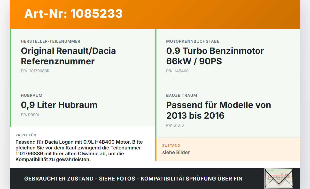 Dacia Logan 13-16 0,9 66KW H4B400 Ölwanne Motorwanne Dacia Logan 13-16 04.02.2014 110179688R gebraucht Vorschau 3