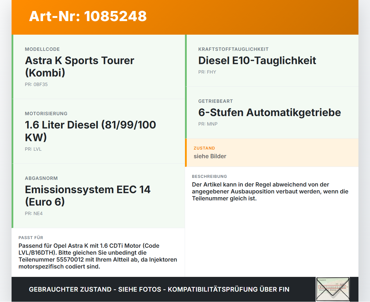 Opel Astra K B16 15-19 CDTi 1,6 100KW Injektor Einspritzdüse Zyl.2 Opel Astra K B16 15-19 31.05.2016 55570012 gebraucht Vorschau 3
