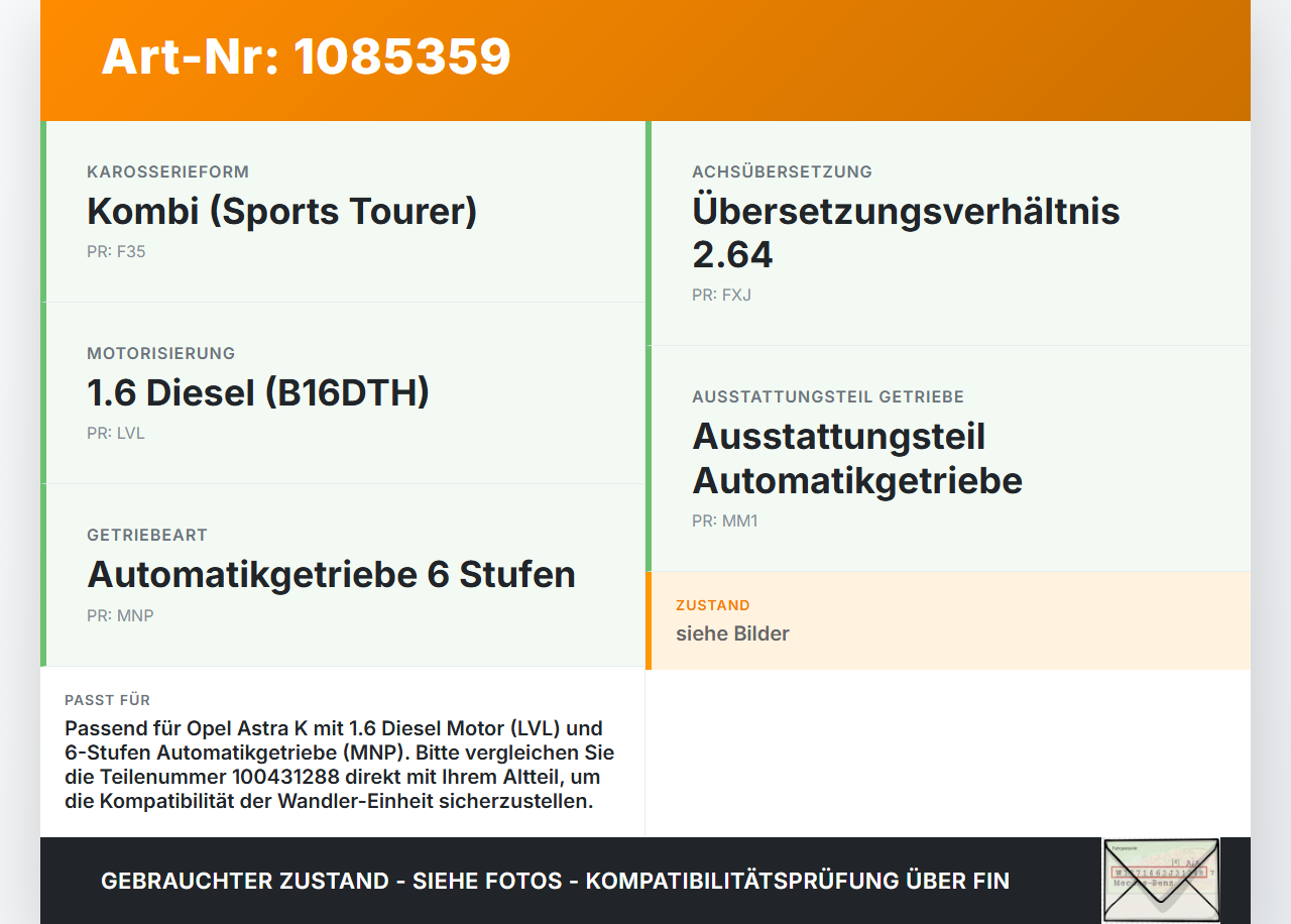 Opel Astra K B16 15-19 CDTi 1,6 100KW Autom Wandler Drehmomentwandler für Getriebe Opel Astra K B16 15-19... Vorschau 3