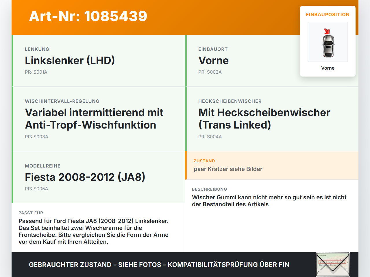 Ford Fiesta JA8 VII ST 08-12 2x Scheibenwischer Wischarm Vorne Ford Fiesta JA8 VII ST 08-12 11.05.2011 gebraucht Vorschau 3