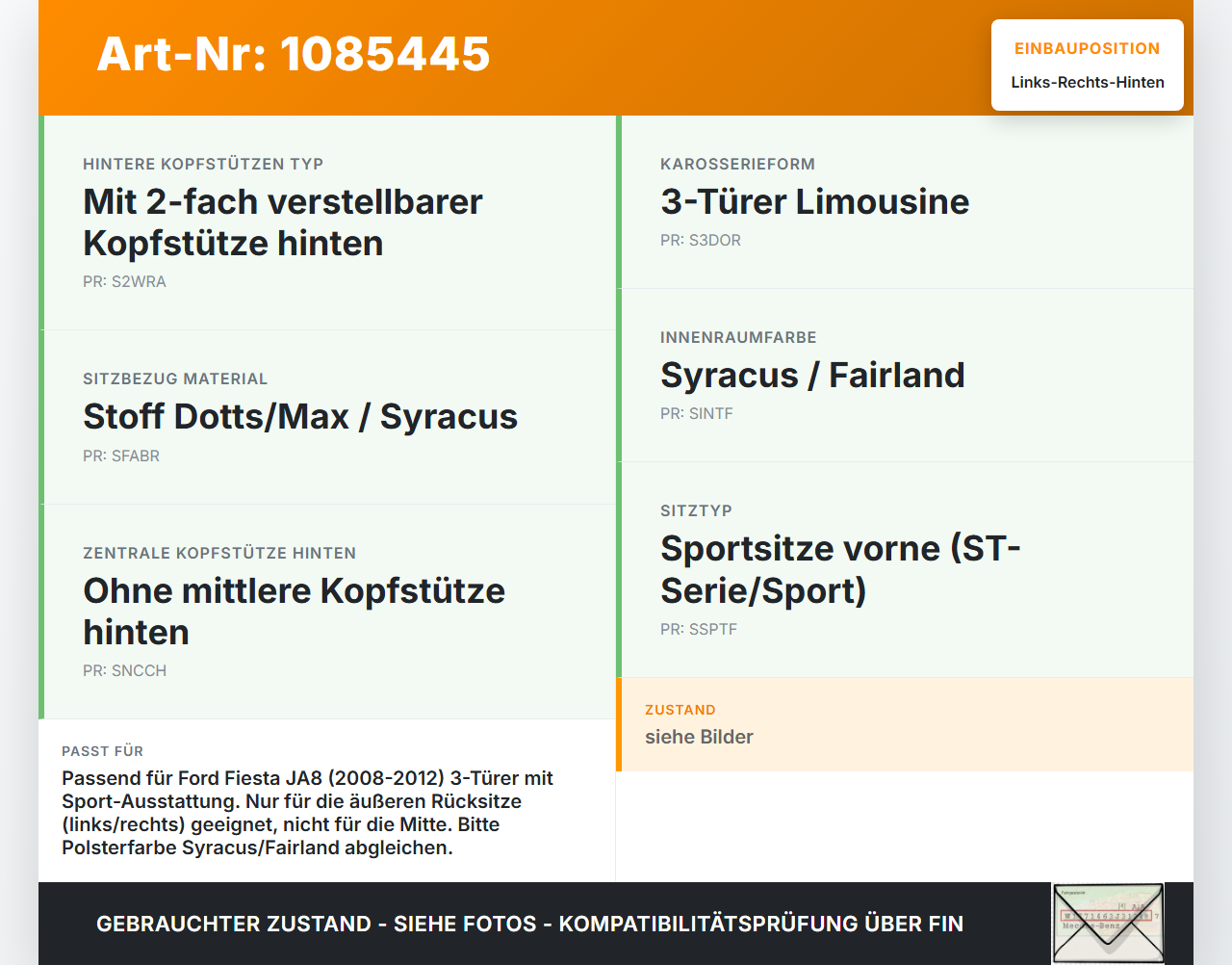 Ford Fiesta JA8 VII ST 08-12 Kopfstütze Rechts oder Links Hinten Ford Fiesta JA8 VII ST 08-12 11.05.2011 gebraucht Vorschau 3