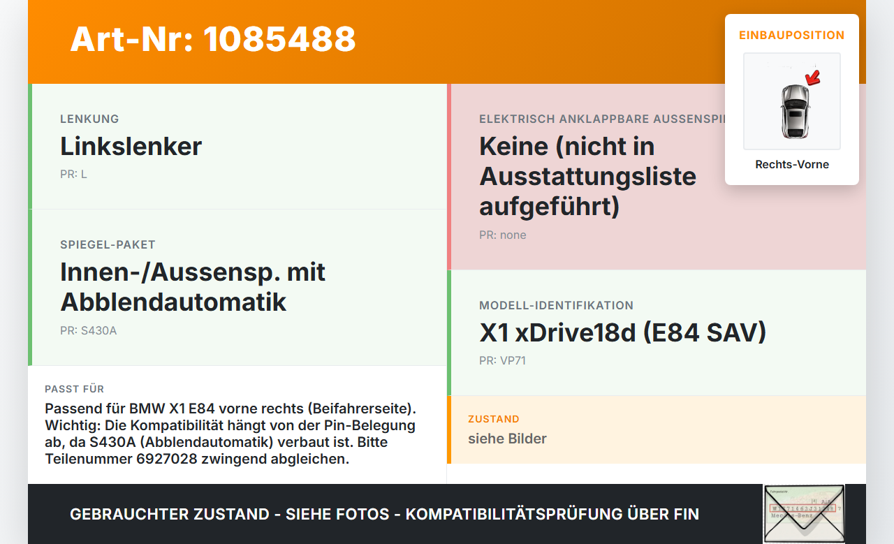 BMW X1 E84 X18D 09-12 Fensterhebermotor Rechts Vorne BMW X1 E84 X18D 09-12 21.01.2015 996625-104 6927028 gebraucht Vorschau 3