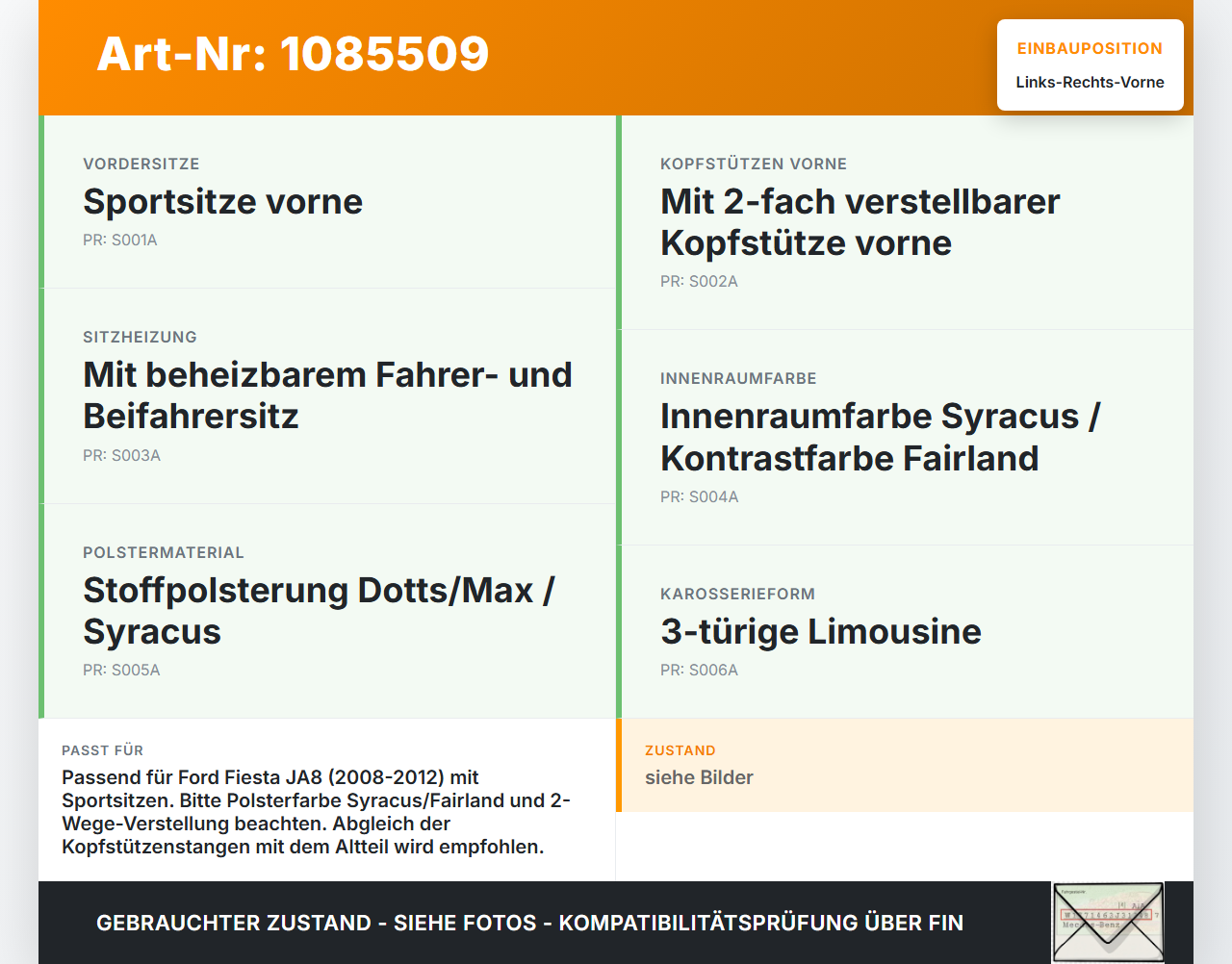 Ford Fiesta JA8 VII ST 08-12 Kopfstütze für Fahrer Sitz Rechts oder Links Vorne Ford Fiesta JA8 VII ST 08-12... Vorschau 3