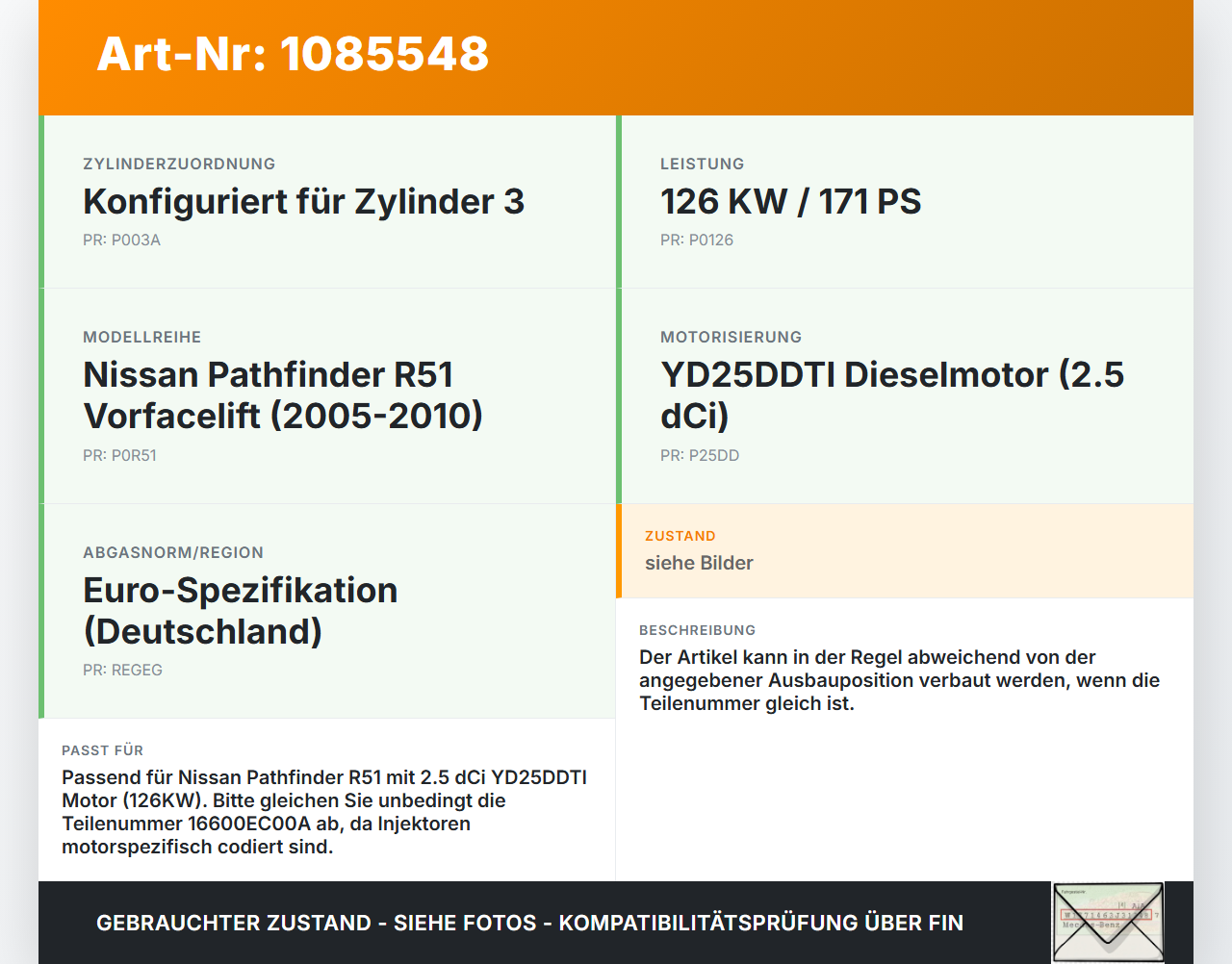 Nissan Pathfinder R51 05-10 dCi 2,5 126KW Injektor Einspritzdüse Zyl.3 Nissan Nissan Pathfinder R51 05-10... Vorschau 3