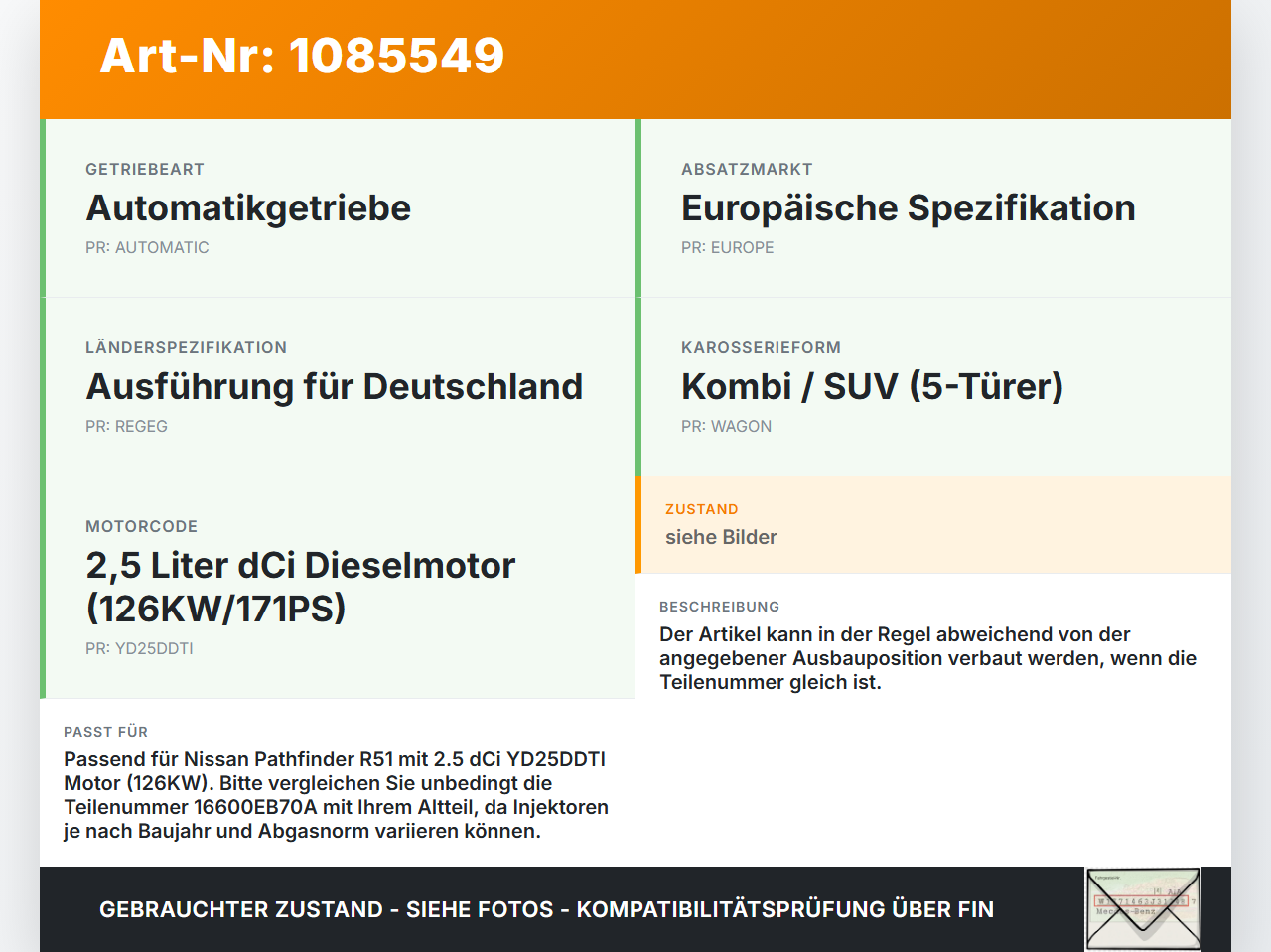 Nissan Pathfinder R51 05-10 dCi 2,5 126KW Injektor Einspritzdüse Zyl.4 Nissan Nissan Pathfinder R51 05-10... Vorschau 3