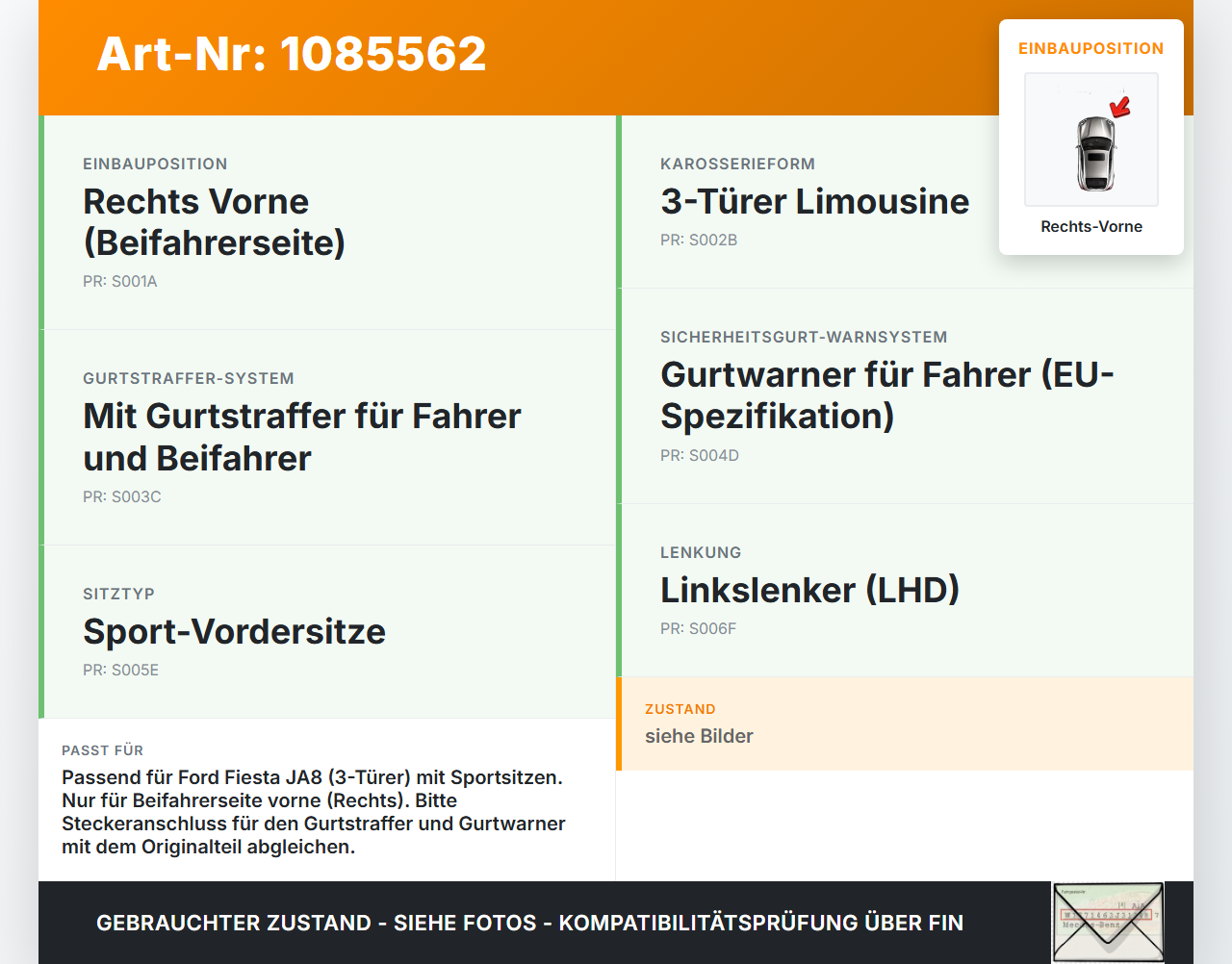 Ford Fiesta JA8 VII ST 08-12 3T Gurtschloss Rechts Vorne Ford Fiesta JA8 VII ST 08-12 11.05.2011 TRV052K1 gebraucht Vorschau 3