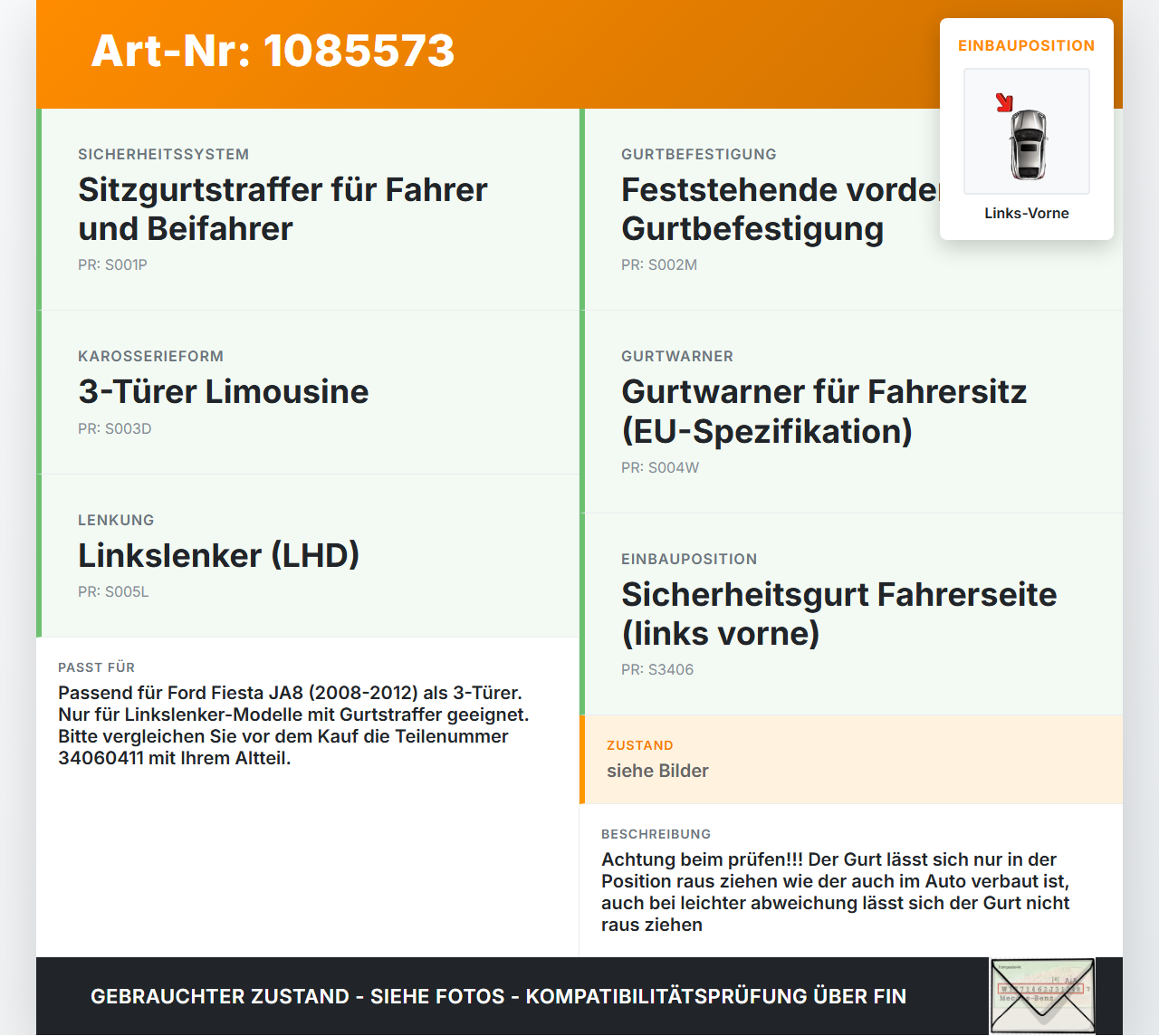 Ford Fiesta JA8 VII ST 08-12 3T Gurt Sicherheitsgurt m. Gurtstraffer für Fahrer Links Vorne Ford Fiesta JA8 VII ST... Vorschau 3