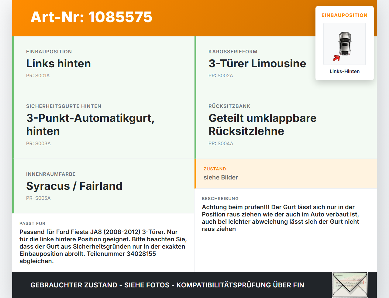 Ford Fiesta JA8 VII ST 08-12 3T Gurt Sicherheitsgurt Links Hinten Ford Fiesta JA8 VII ST 08-12 11.05.2011... Vorschau 3