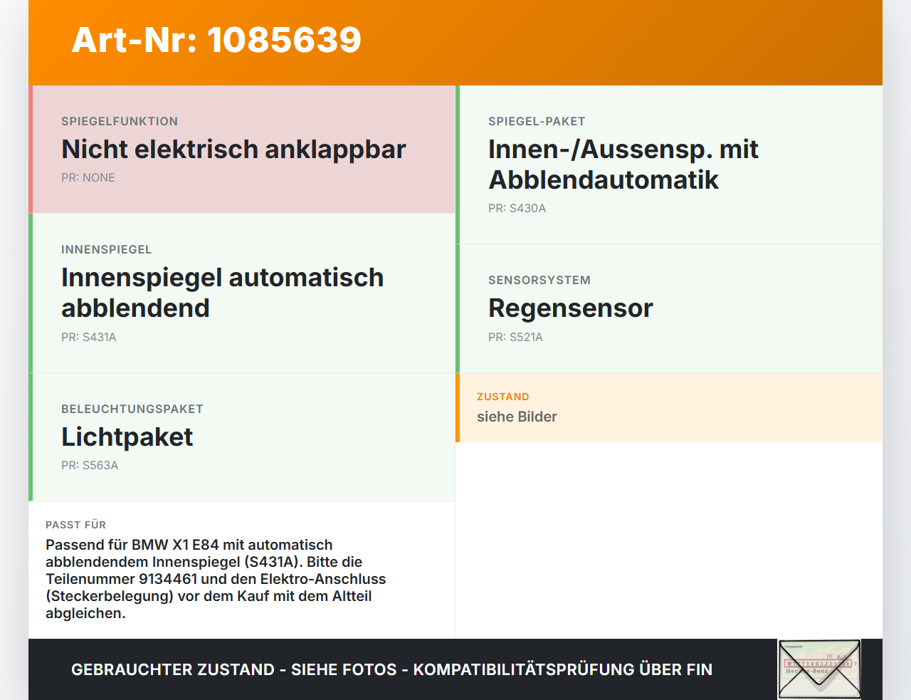 BMW X1 E84 X18D 09-12 Innenspiegel Rückspiegel Spiegel Innen Elektrochrom BMW X1 E84 X18D 09-12 21.01.2015 9134461... Vorschau 3