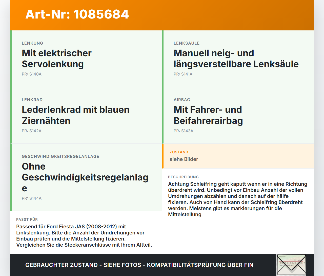 Ford Fiesta JA8 VII ST 08-12 Airbag Schleifring Wickelfeder Lenkrad Ford Fiesta JA8 VII ST 08-12 11.05.2011 gebraucht Vorschau 3