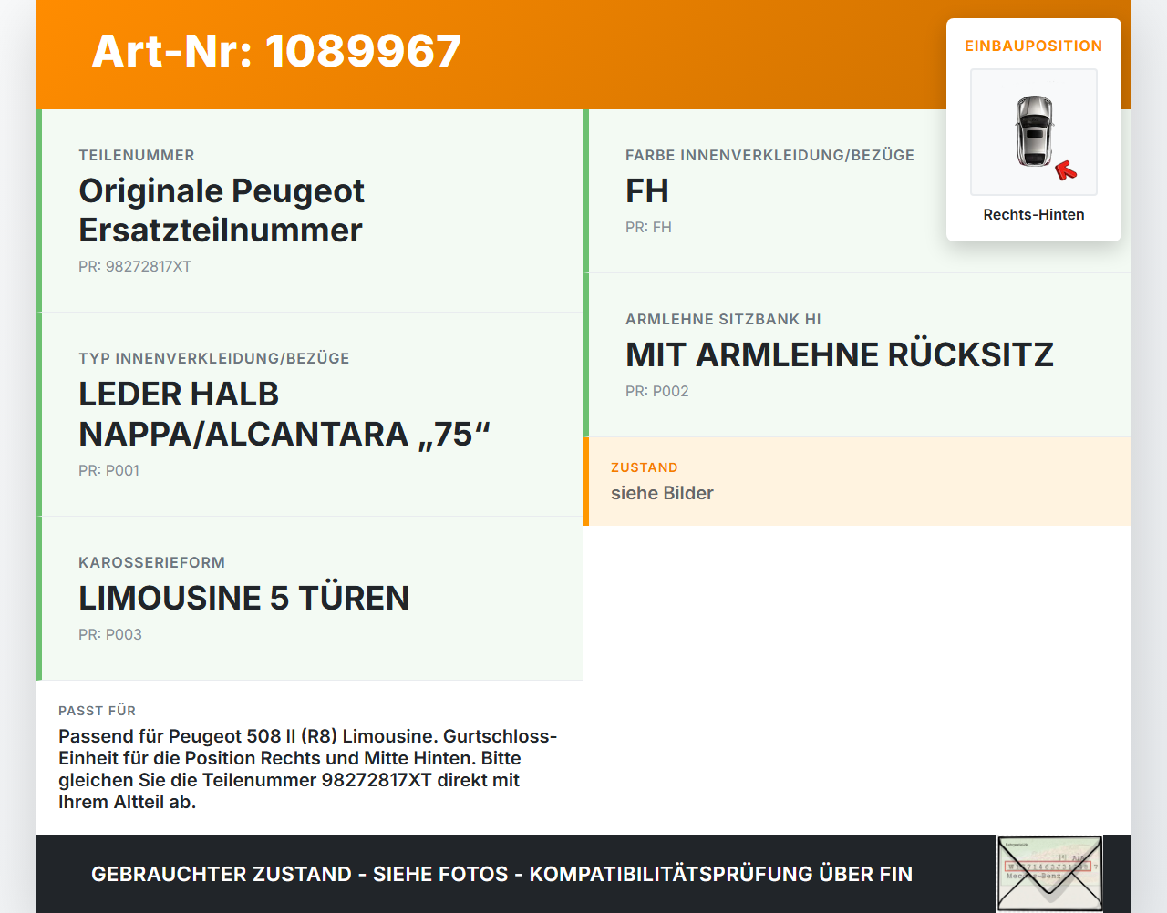 Peugeot 508 II 18-23 Lim Gurtschloss Rechts und Mitte Hinten Peugeot 508 II 18-23 16.07.2019 98272817XT gebraucht Vorschau 3