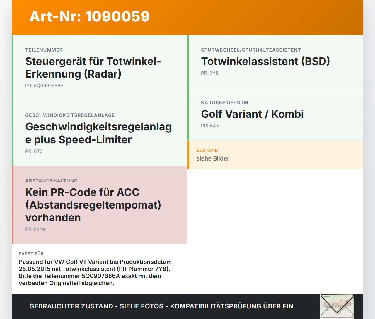 VW Golf VII 7 Variant 13-17 Abstandssensor Radar Distronic VW Golf VII 7 Variant 13-17 11.11.2014 5Q0907686A... Vorschau 3