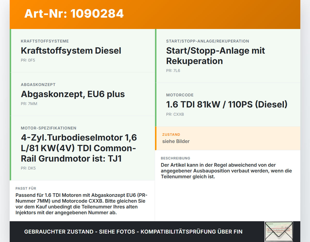 VW Golf VII 7 Variant 13-17 TDI 1,6 81KW Injektor Einspritzdüse Zyl.2 VW Golf VII 7 Variant 13-17 11.11.2014... Vorschau 3
