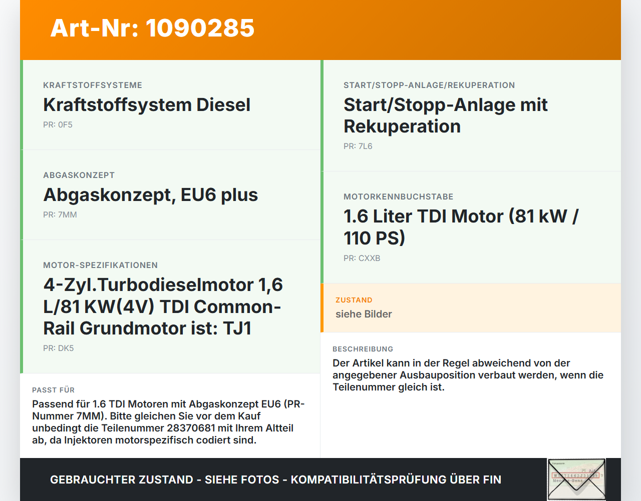 VW Golf VII 7 Variant 13-17 TDI 1,6 81KW Injektor Einspritzdüse Zyl.3 VW Golf VII 7 Variant 13-17 11.11.2014... Vorschau 3