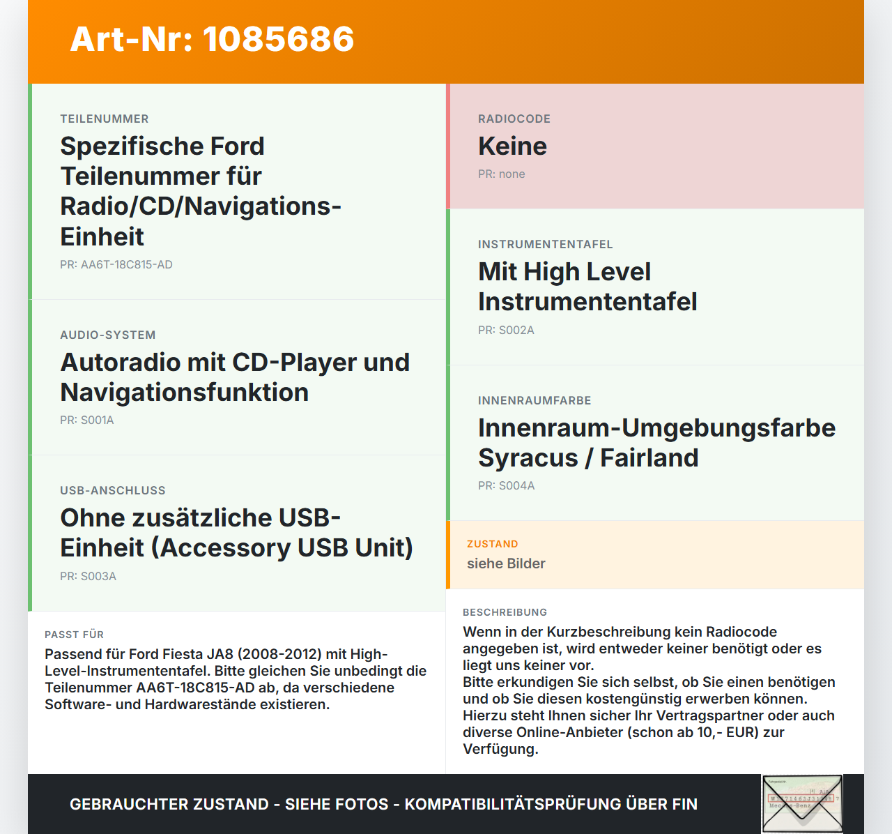 Ford Fiesta JA8 VII ST 08-12 Autoradio CD-Radio Navi Ford Fiesta JA8 VII ST 08-12 11.05.2011 AA6T-18C815-AD gebraucht Vorschau 3