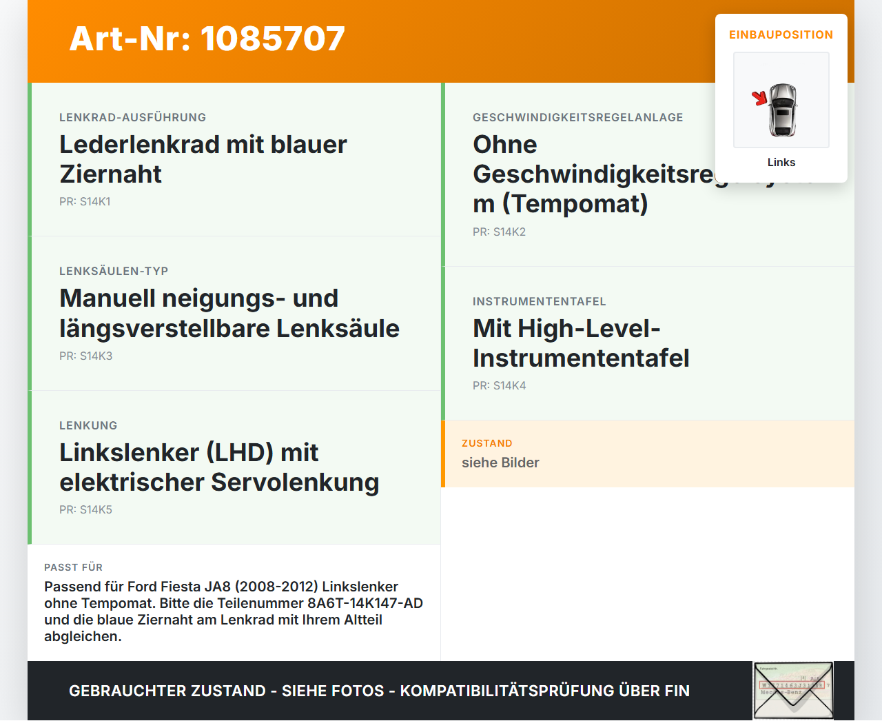 Ford Fiesta JA8 VII ST 08-12 Lenkradschalter Multifunktionstasten Lenkrad Schalter Links Ford Fiesta JA8 VII ST... Vorschau 3