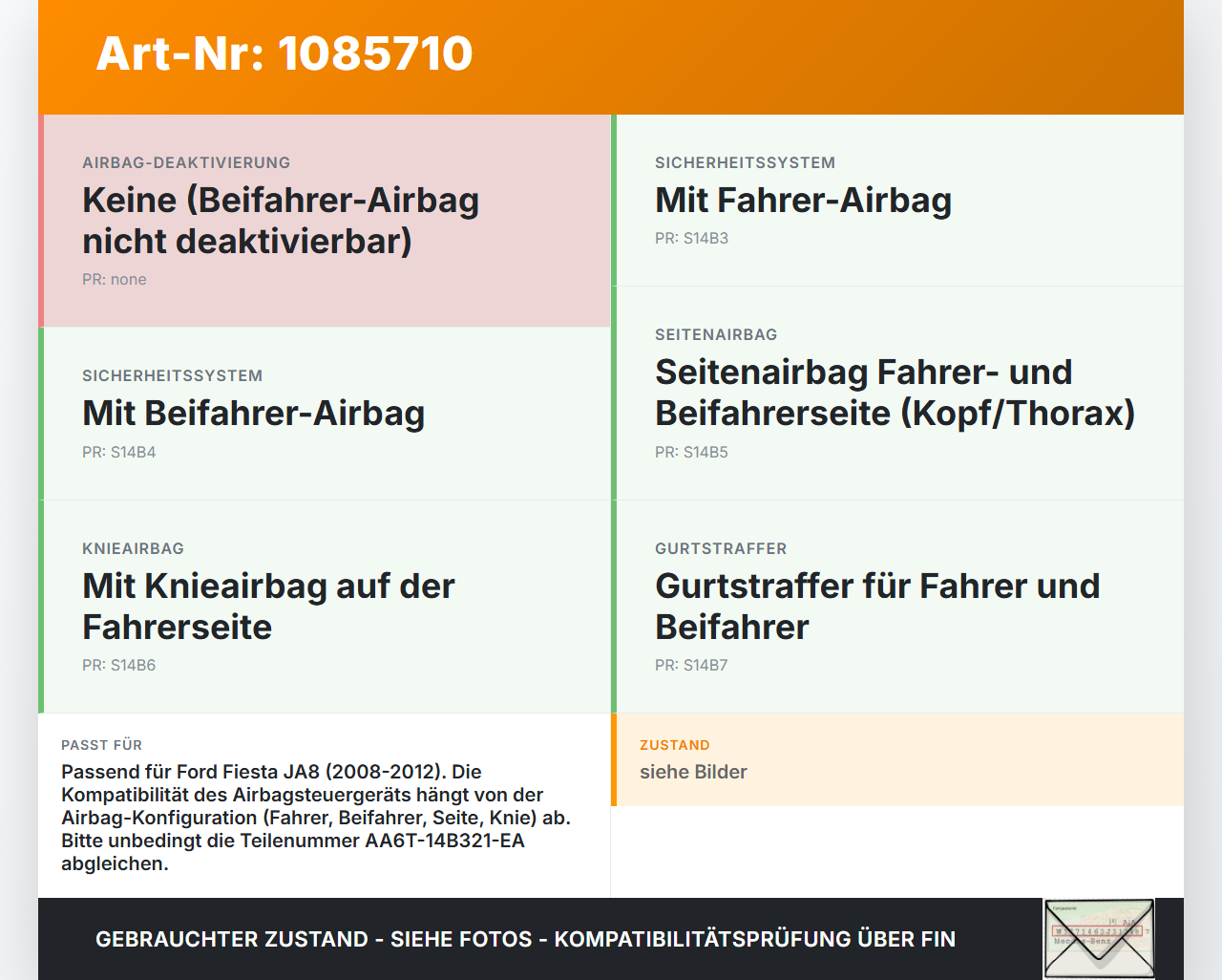 Ford Fiesta JA8 VII ST 08-12 Airbag Steuergerät Airbagsteuergerät Ford Fiesta JA8 VII ST 08-12 11.05.2011... Vorschau 3