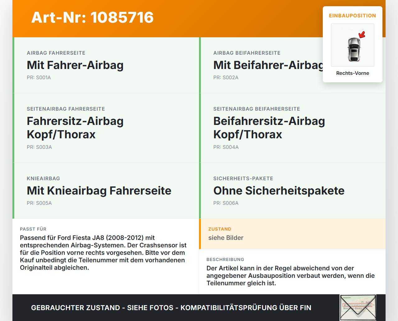 Ford Fiesta JA8 VII ST 08-12 Sensor für Airbag Crashsensor Airbagsensor Rechts Vorne Ford Fiesta JA8 VII ST 08-12... Vorschau 3