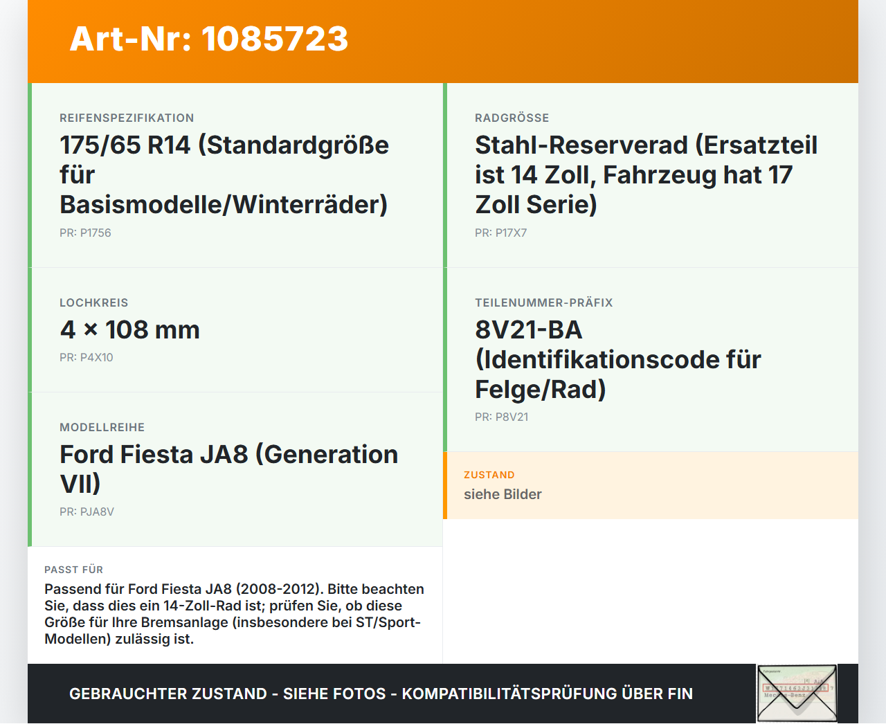 Ford Fiesta JA8 VII ST 08-12 1 x Komplettrad Ersatzrad Stahlfelge Sommerreifen 175/65R14 4X108 Ford Fiesta JA8 VII... Vorschau 3