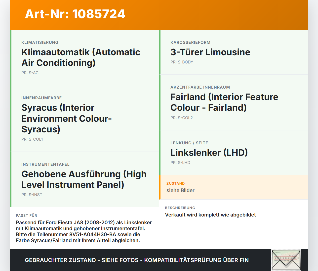 Ford Fiesta JA8 VII ST 08-12 Armaturenbrett Panel komplett Ford Fiesta JA8 VII ST 08-12 11.05.2011 8V51-A044H30-BA... Vorschau 3