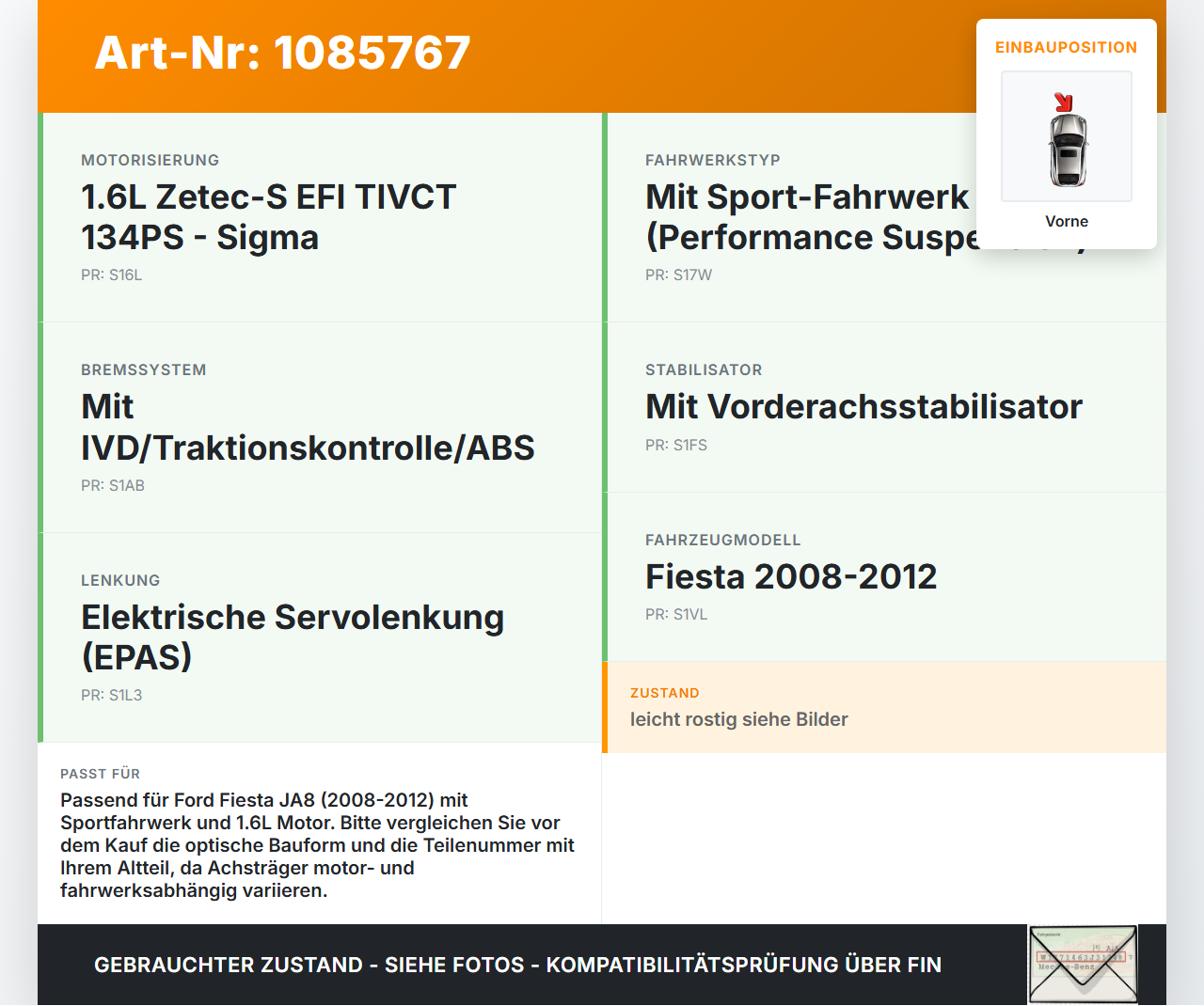 Ford Fiesta JA8 VII ST 08-12 1,6 99KW Achsträger Vorderachse Vorne Ford Fiesta JA8 VII ST 08-12 11.05.2011 BL44547... Vorschau 3