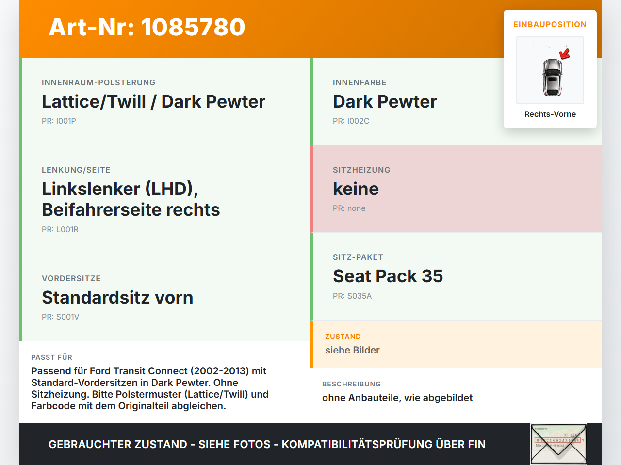 Ford Transit/Tourneo Connect 09-13 Kasten Sitz Beifahrersitz Vorne Rechts Ford Transit/Tourneo Connect 09-13... Vorschau 3