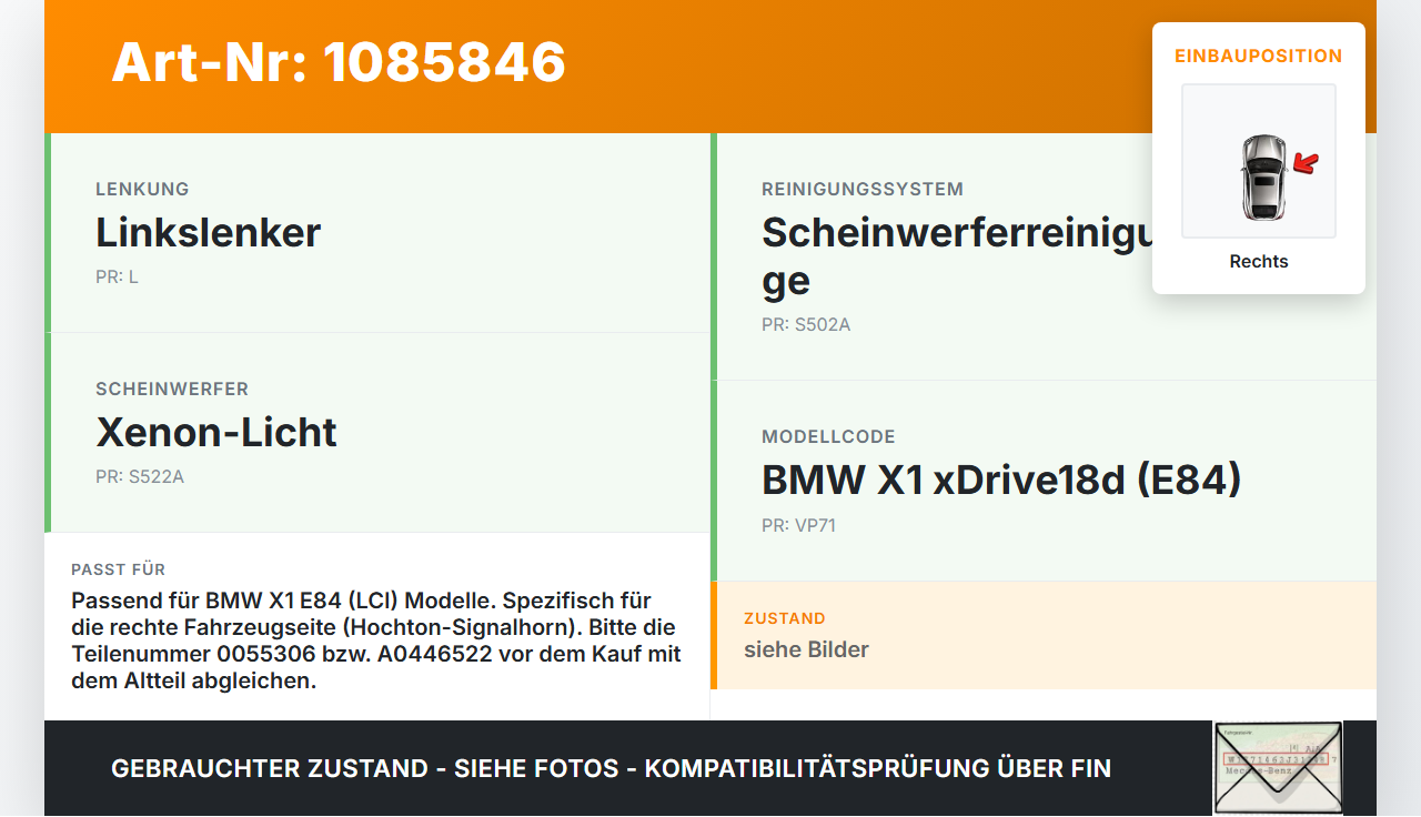 BMW X1 E84 X18D 09-12 Hupe Signalhorn Hochtöner Rechts BMW X1 E84 X18D 09-12 21.01.2015 0055306 A0446522 gebraucht Vorschau 3