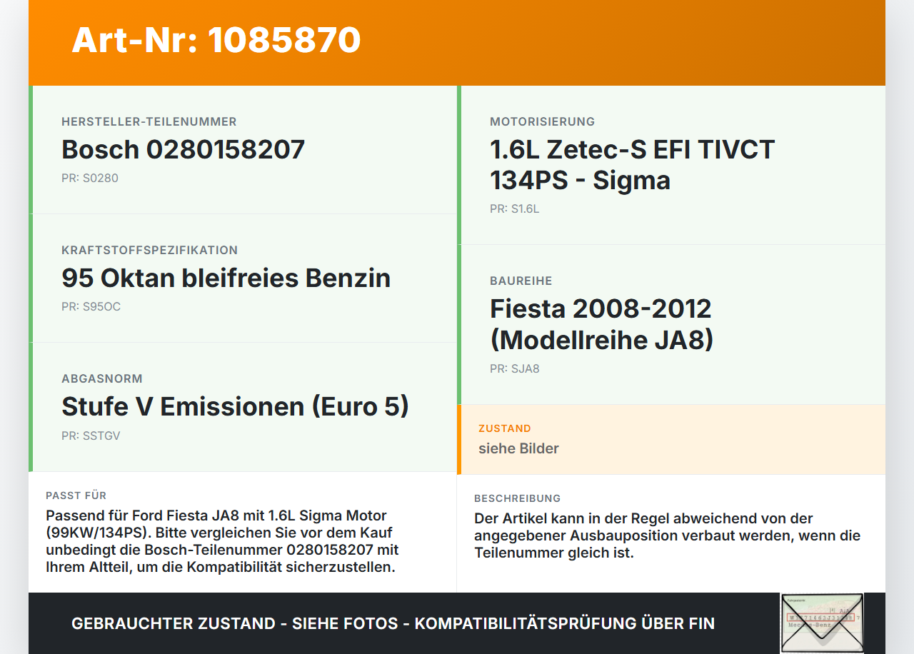Ford Fiesta JA8 VII ST 08-12 1,6 99KW Einspritzdüse Einspritzventil Zyl.4 Ford Fiesta JA8 VII ST 08-12 11.05.2011... Vorschau 3