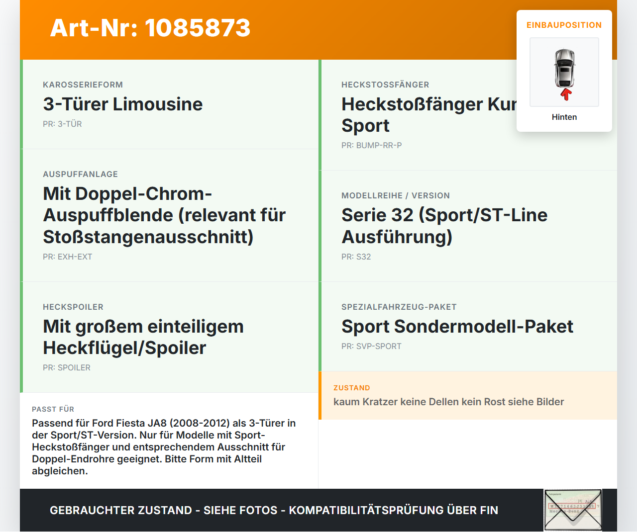 Ford Fiesta JA8 VII ST 08-12 3T Stoßstange Stoßfänger Heckstosstange Hinten JG Ford Fiesta JA8 VII ST 08-12... Vorschau 3