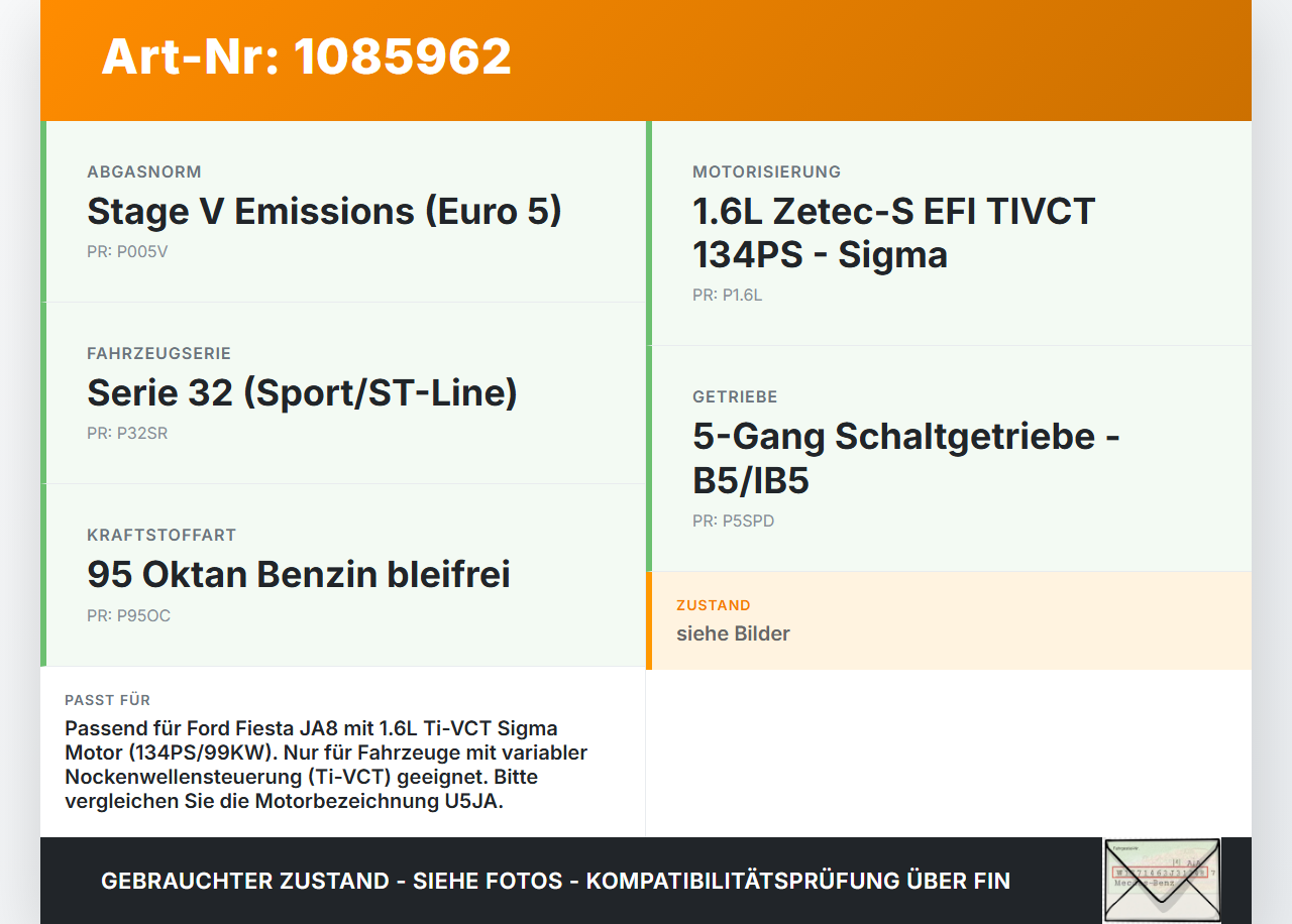Ford Fiesta JA8 VII ST 08-12 1,6 99KW U5JA Nockenwelle Einlass Ford Fiesta JA8 VII ST 08-12 11.05.2011 gebraucht Vorschau 3