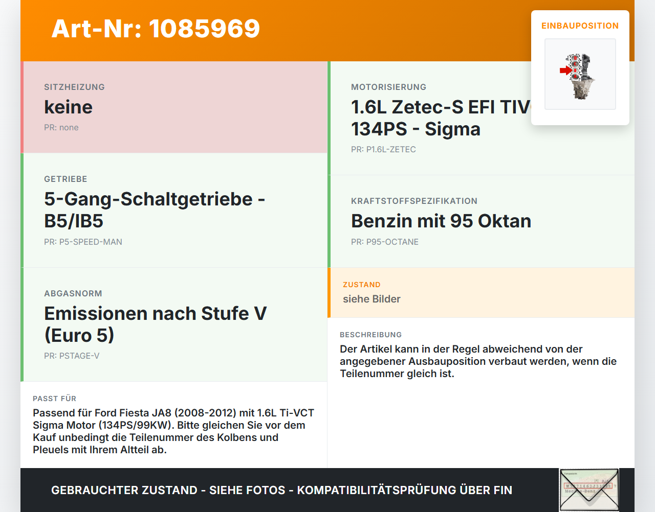 Ford Fiesta JA8 VII ST 08-12 1,6 99KW U5JA Kolben mit Pleuel Pos B Ford Fiesta JA8 VII ST 08-12 11.05.2011 gebraucht Vorschau 3