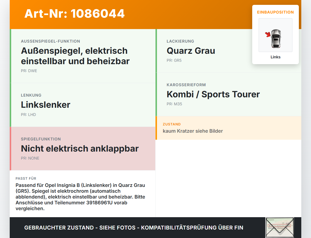 Opel Insignia B Z18 17-20 Spiegel Aussenspiegel Links Elektrochrom Totwinkelassistent GR5 Opel Insignia B Z18 17-20... Vorschau 3