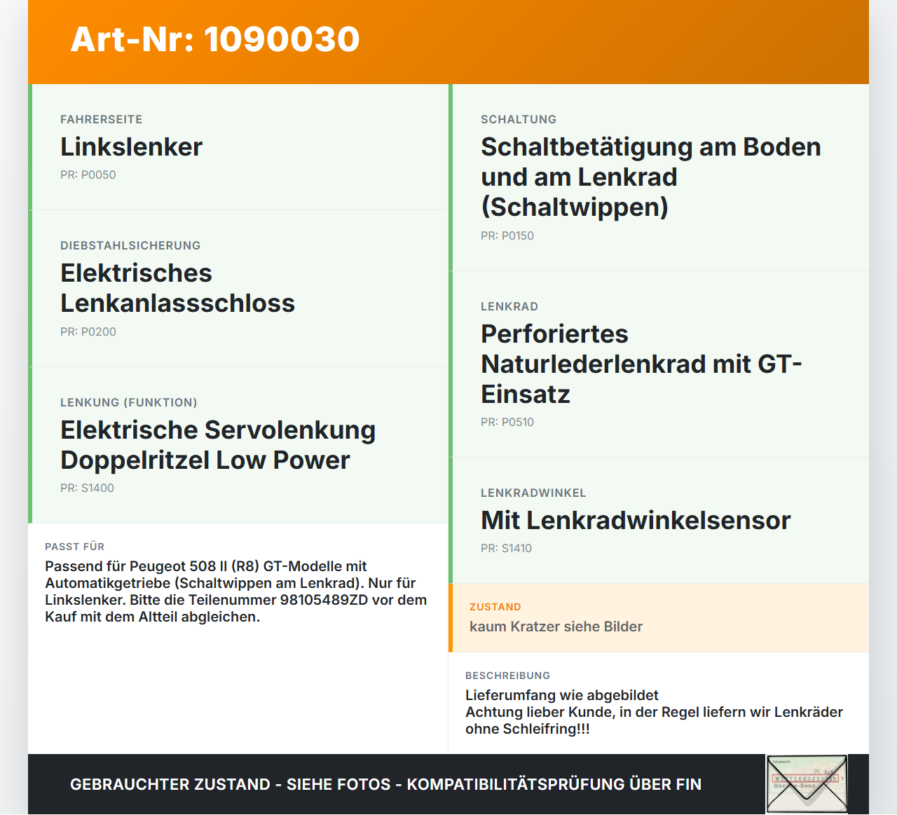 Peugeot 508 II 18-23 Lenkrad Airbaglenkrad GT Peugeot 508 II 18-23 16.07.2019 98105489ZD 34199118E gebraucht Vorschau 3