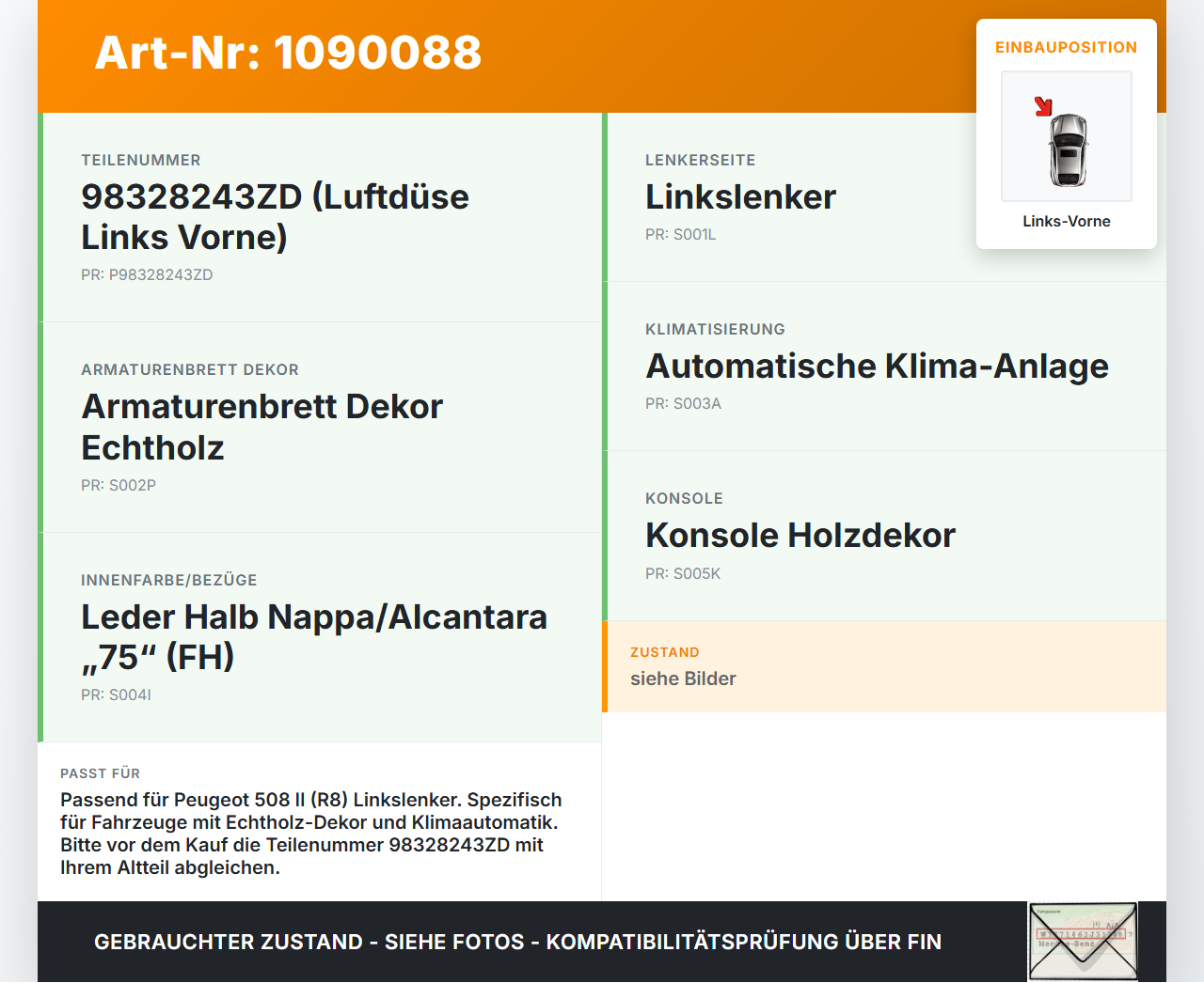 Peugeot 508 II 18-23 Luftdüse Luftdusche Lüftungsgitter Ausströmer Links Vorne Peugeot 508 II 18-23 16.07.2019... Vorschau 3