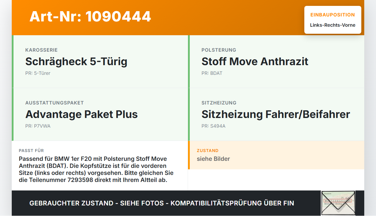 BMW 114i F20 11-15 5T Kopfstütze für Beifahrer Sitz Rechts oder Links Vorne Anthrazit Grau BMW 114i F20 11-15... Vorschau 3