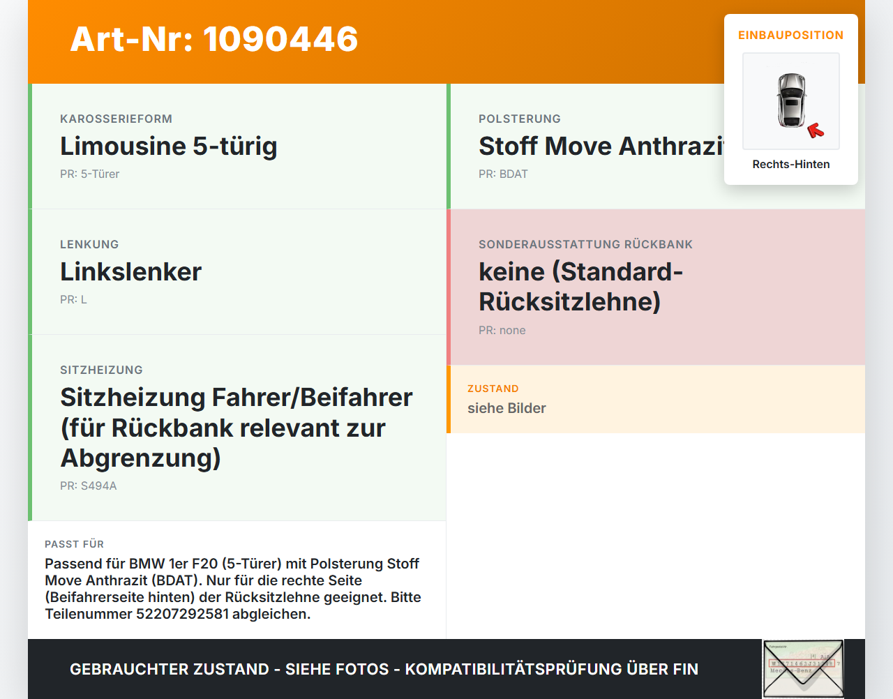 BMW 114i F20 11-15 5T Sitzbezug Rückenpolster Rechts für Rücksitzbank Hinten BMW 114i F20 11-15 11.03.2013 7292581... Vorschau 3