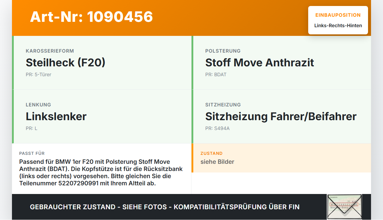 BMW 114i F20 11-15 Kopfstütze Rechts oder Links Hinten Anthrazit Grau BMW 114i F20 11-15 11.03.2013 7290991... Vorschau 3