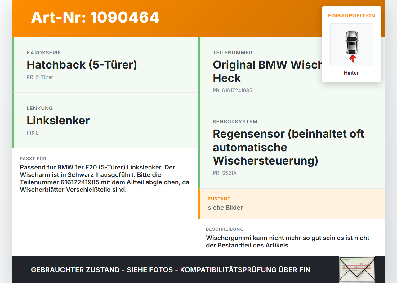 BMW 114i F20 11-15 5T Heckwischer Scheibenwischer Hinten Wischarm BMW 114i F20 11-15 11.03.2013 7241985 61617241985... Vorschau 3