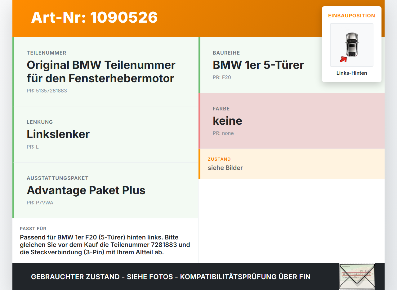 BMW 114i F20 11-15 5T Fensterhebermotor mit Fensterheber Links Hinten BMW 114i F20 11-15 11.03.2013 7281883... Vorschau 3