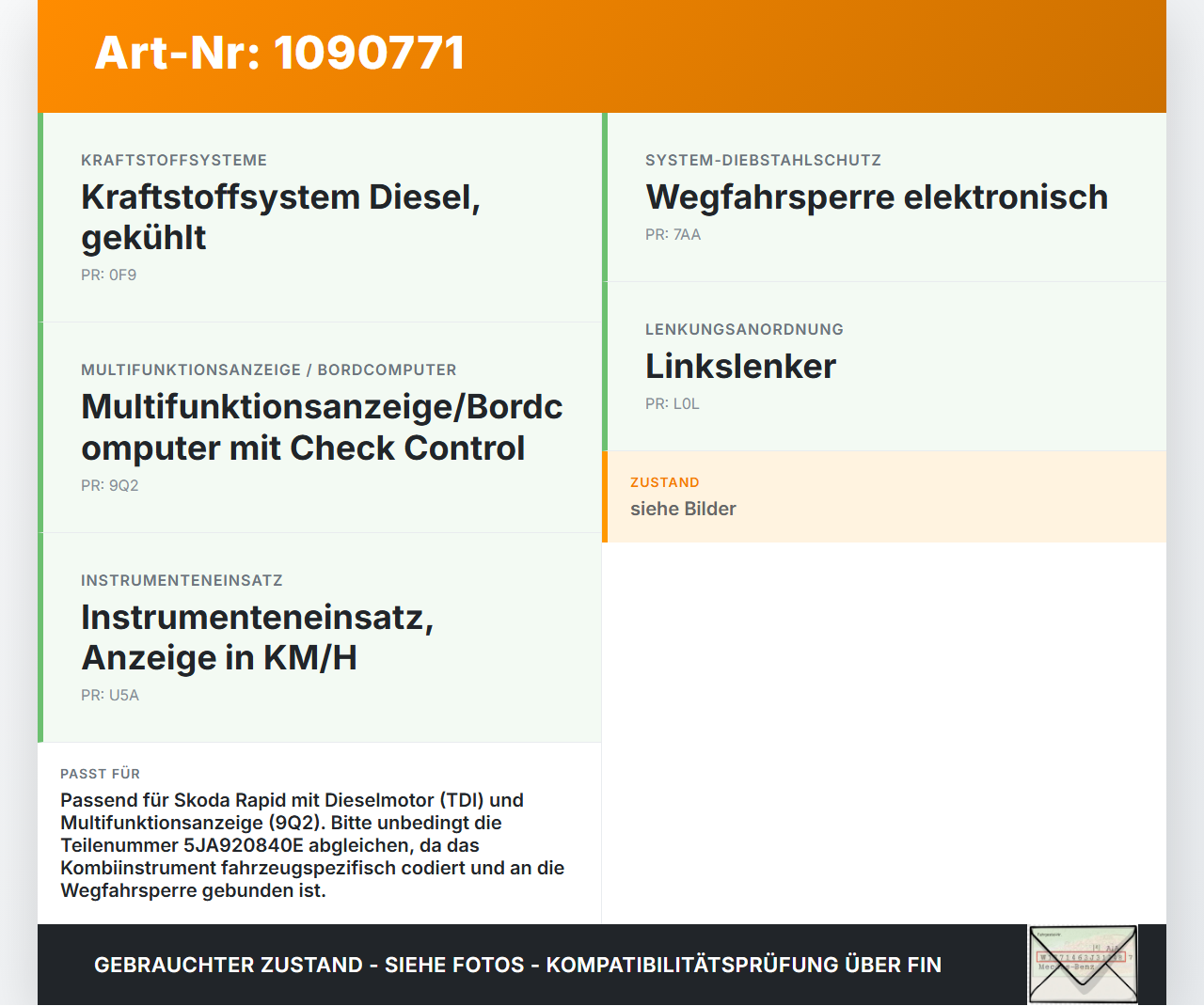 Skoda Rapid NH 12-17 TDI 1,6 77KW Kombiinstrument Tacho Skoda Rapid NH 12-17 19.12.2013 5JA920840E A2C89513100 gebraucht Vorschau 3