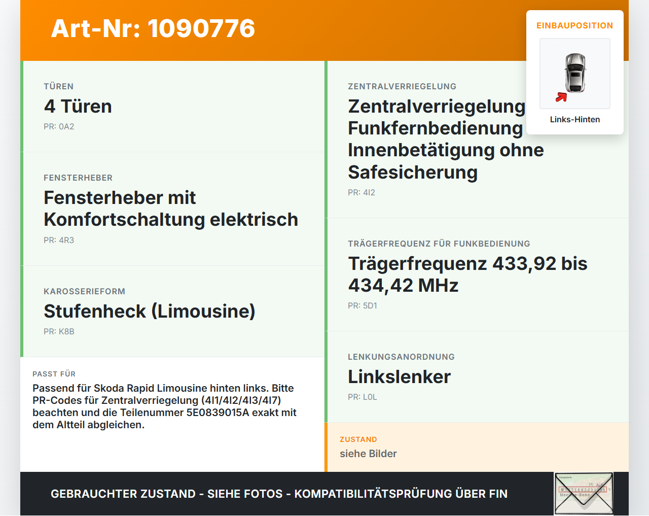 Skoda Rapid NH 12-17 Lim Türschloss Stellmotor Türschloß Hinten Links Skoda Rapid NH 12-17 19.12.2013 5E0839015A... Vorschau 3