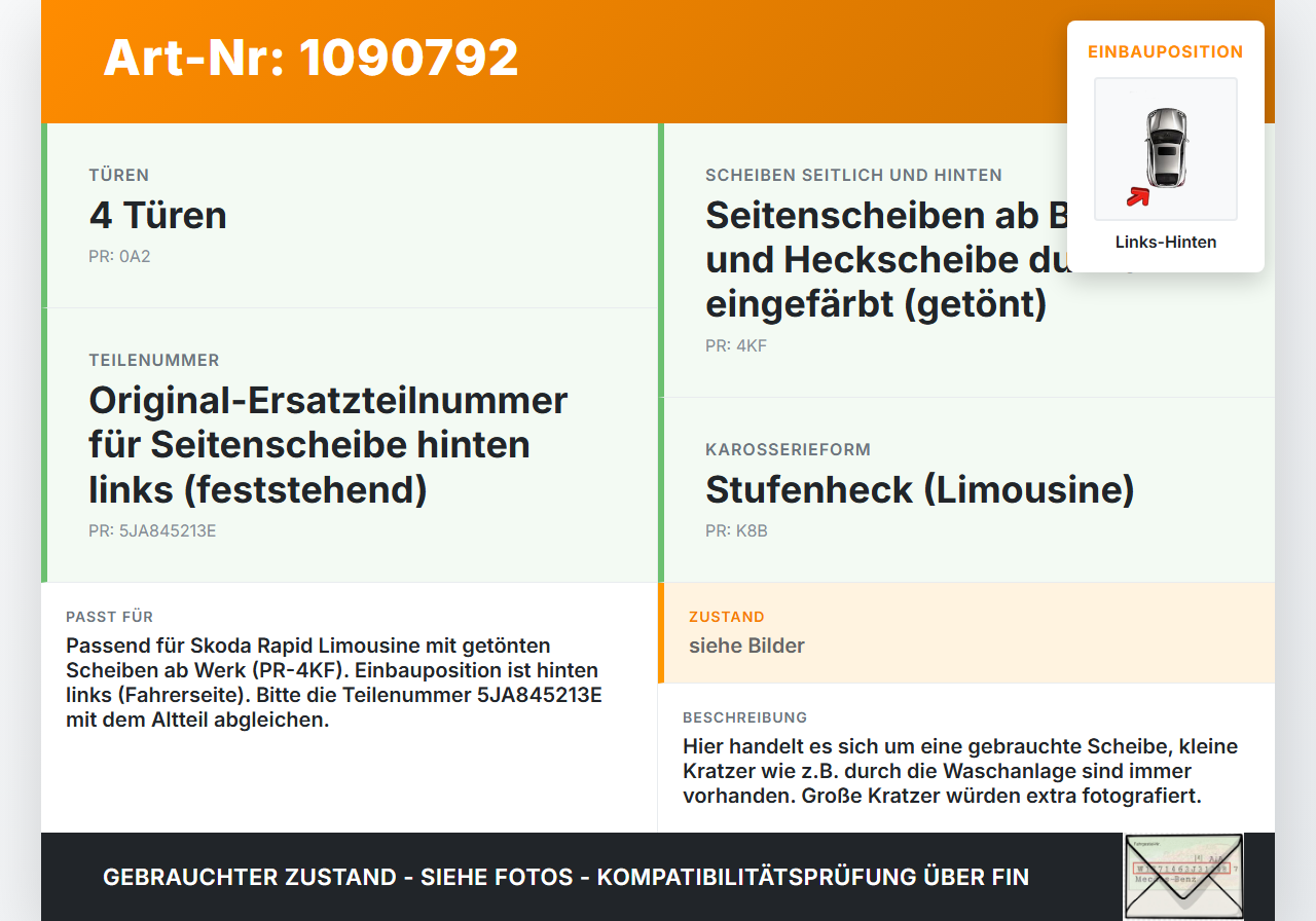 Skoda Rapid NH 12-17 Lim Seitenscheibe Dreieck Links Hinten Orig. getönt Skoda Rapid NH 12-17 19.12.2013 5JA845213E... Vorschau 3