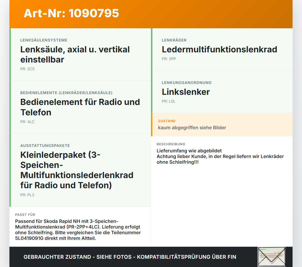 Skoda Rapid NH 12-17 Lenkrad Airbaglenkrad Skoda Rapid NH 12-17 19.12.2013 5L0419091G 5L0419091GCWE 5JA880201D... Vorschau 3