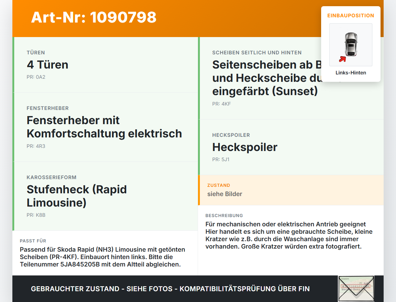 Skoda Rapid NH 12-17 Lim Seitenscheibe LHK für Tür Fenster Scheibe Links Hinten Orig. getönt Skoda Rapid NH 12-17... Vorschau 3